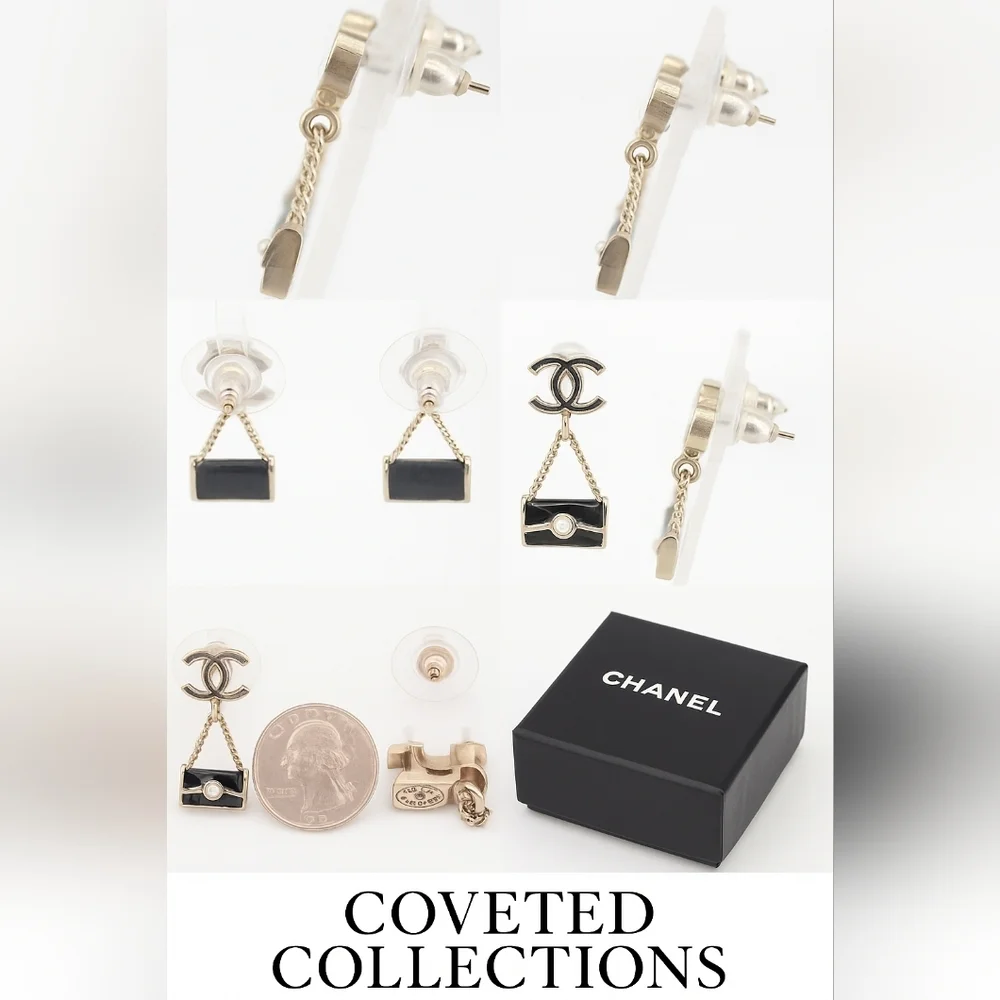 Chanel Black Enamel Bag Dangle Earrings with Pearl Accent Authentic Vintage - Picture 9 of 10